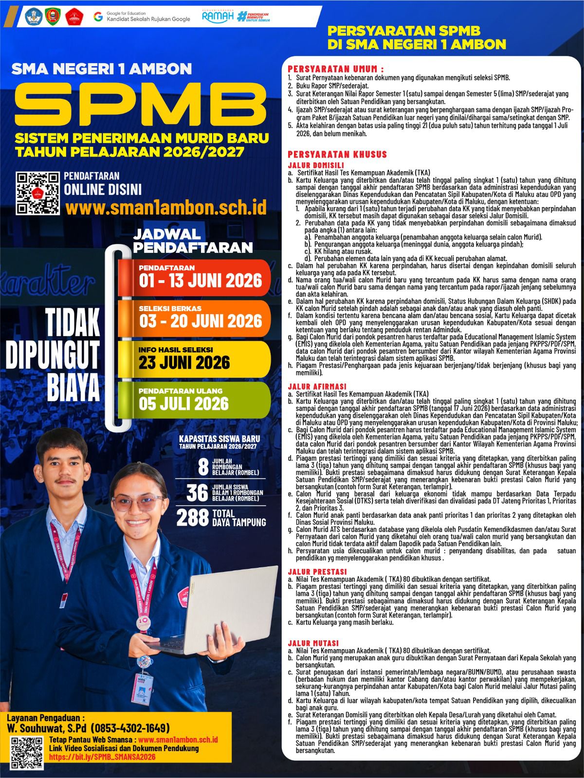 SPMB Sistem Penerimaan Murid Baru SMA Negeri 1 Ambon  Resmi diBuka